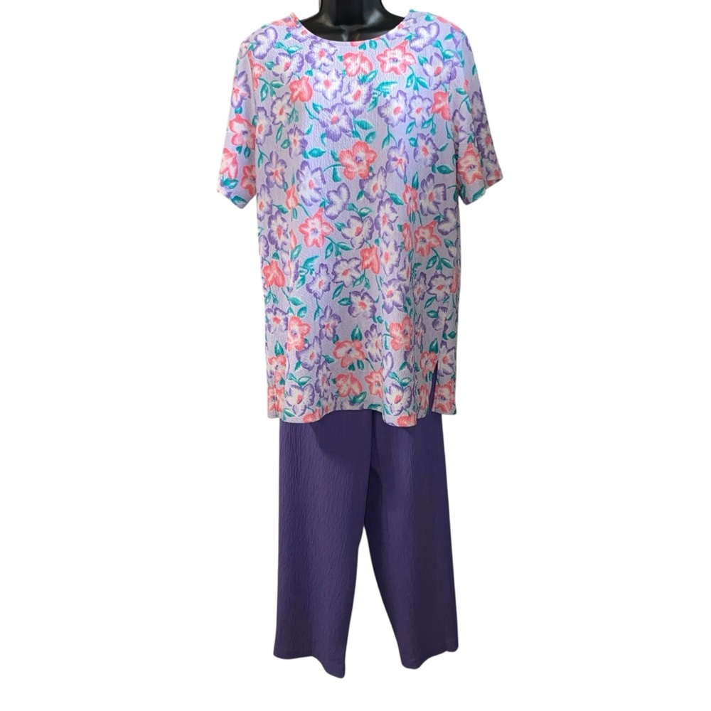 Bobbie Brooks Floral/Purple Two Piece Set Vintage Elastic High Waist SZ L/XL